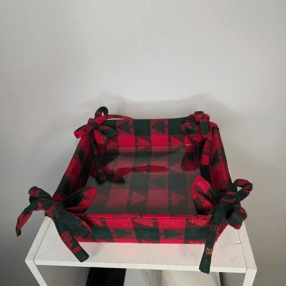 Christmas Pine Tree Cotton Glass Insert Bread Basket Red/Green